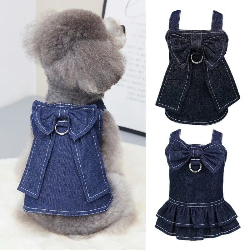 Adorable Demin Dog Dress & Leash Harness