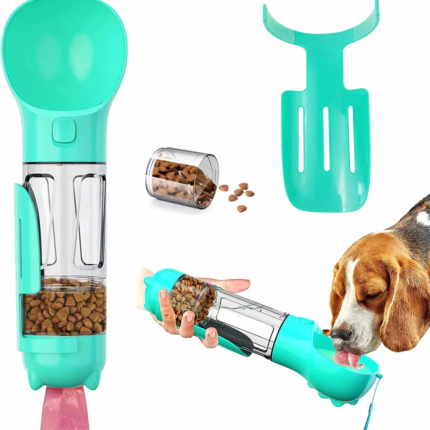 Dog 4 in 1 Portable Water Bowl Dispenser with Dog Whistle & Food Container 300ml/500ml